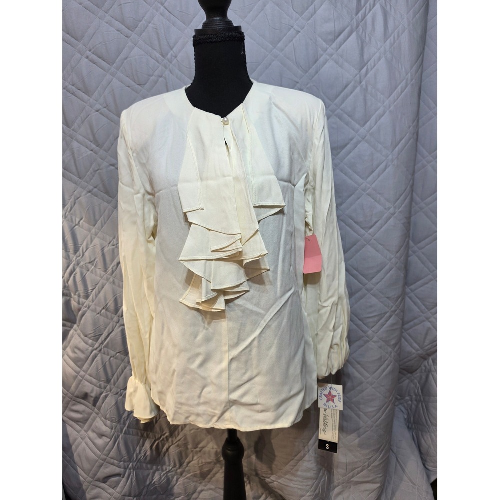 Joan Walters Vintage Cream Ruffle Front Blouse Pearl Button Long Sleeve  Small